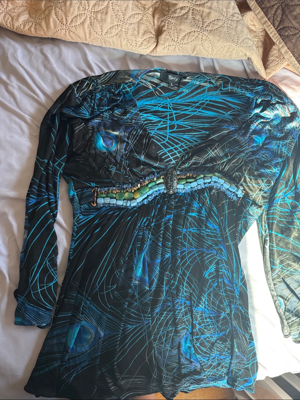 Sky Blue & Black Beaded Empire Waist Tunic